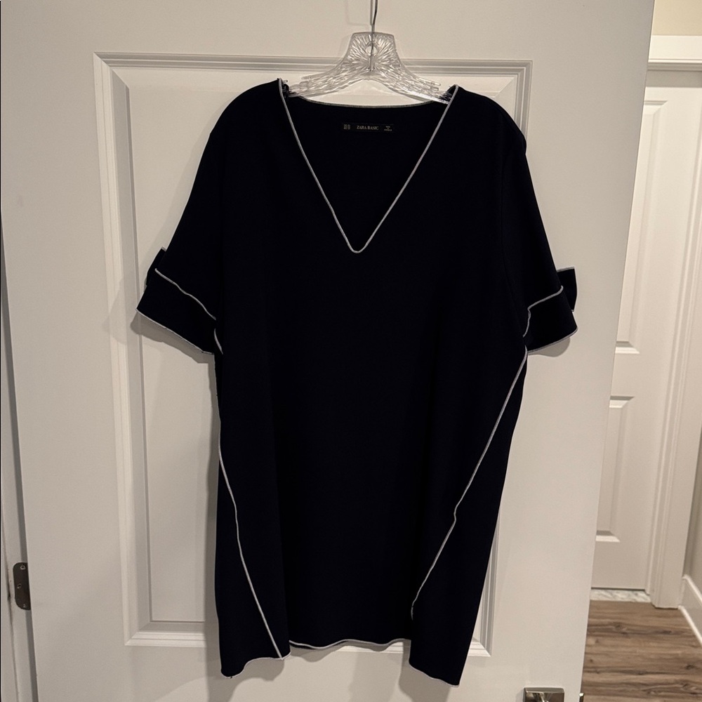 Navy V-Neck Dress with White Trim